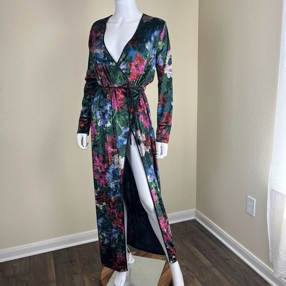 Zara Women's Size S Floral Velvet Wrap Duster Maxi Dress Robe Cardigan Blogger - Picture 9 of 16